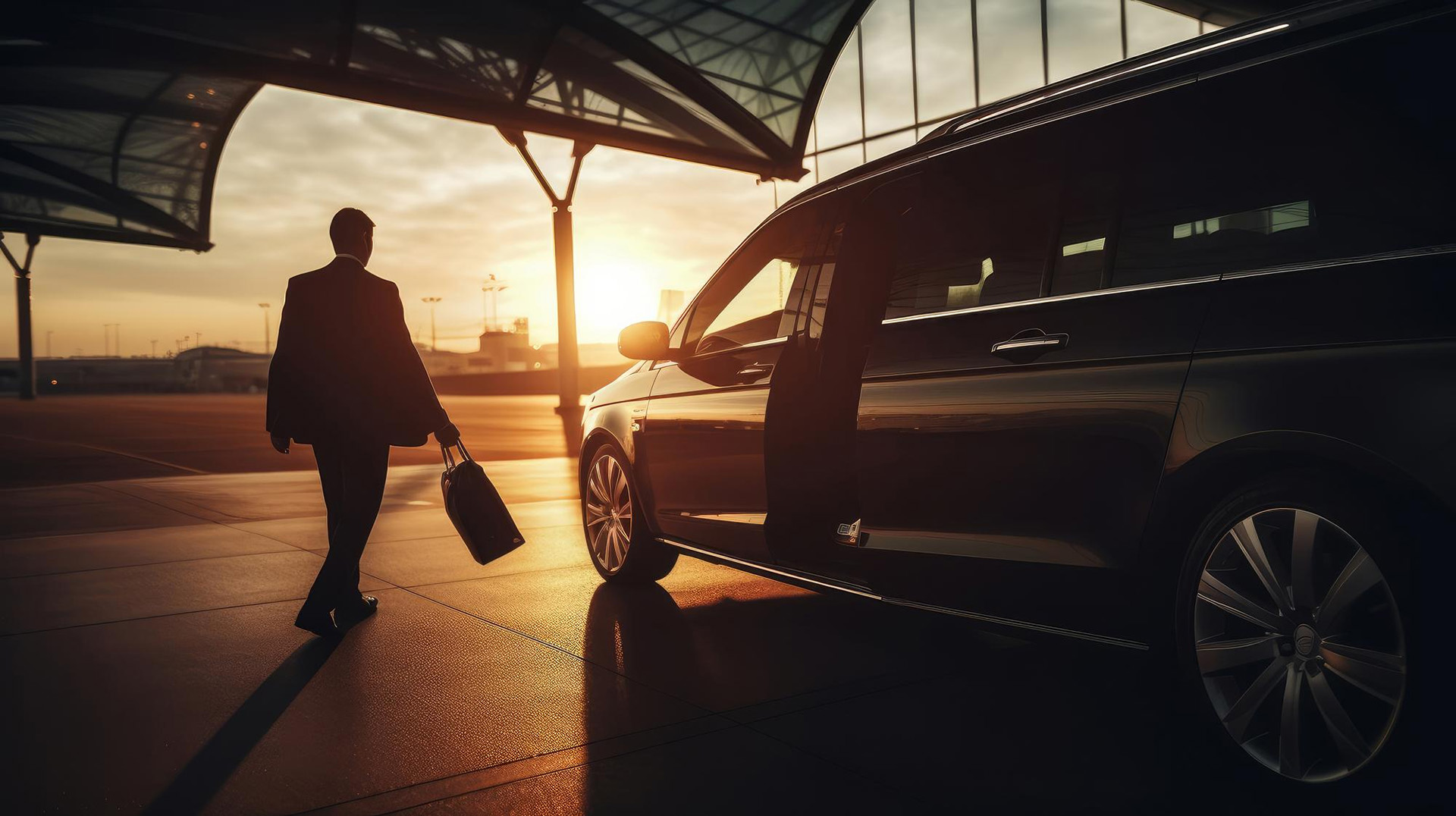 A person with luggage walking towards an airport.