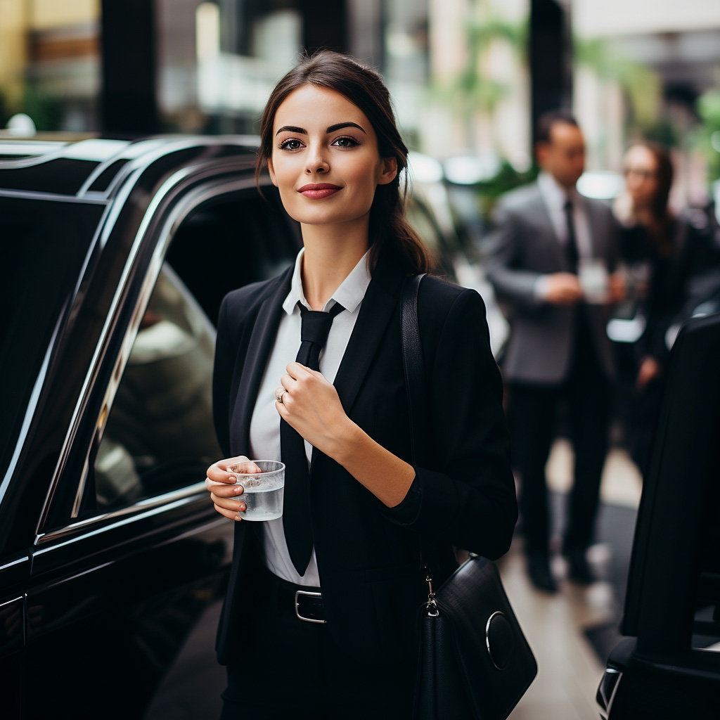 A woman in black jacket standing next to car.