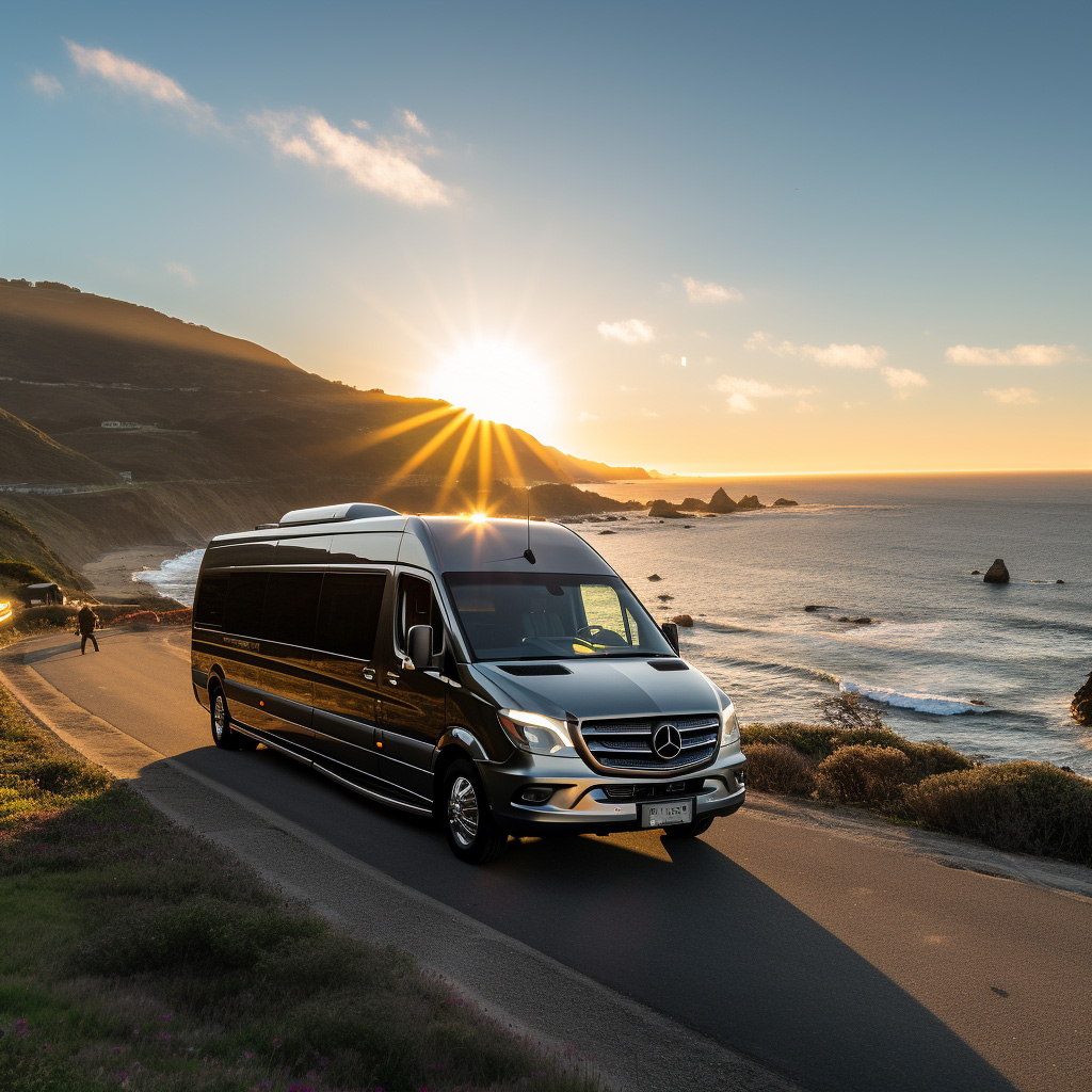 A van driving down the road near the ocean.