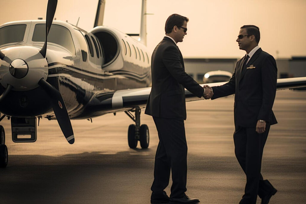 Two men shaking hands in front of a plane.