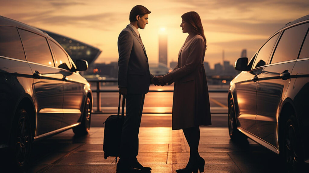 A man and woman shaking hands in front of two cars.