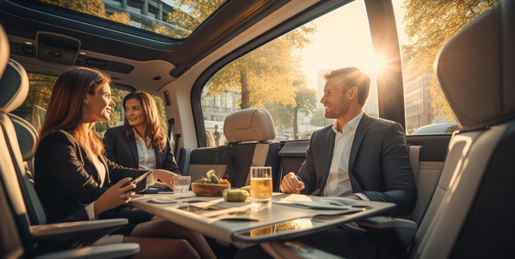 A group of people sitting in the back of a car.