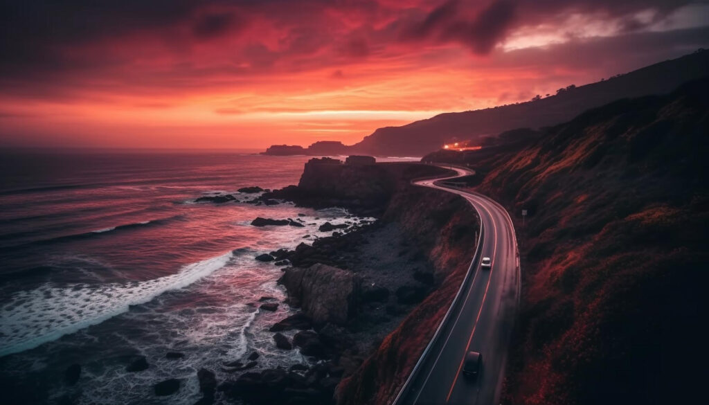 A road going down the side of a cliff at sunset.