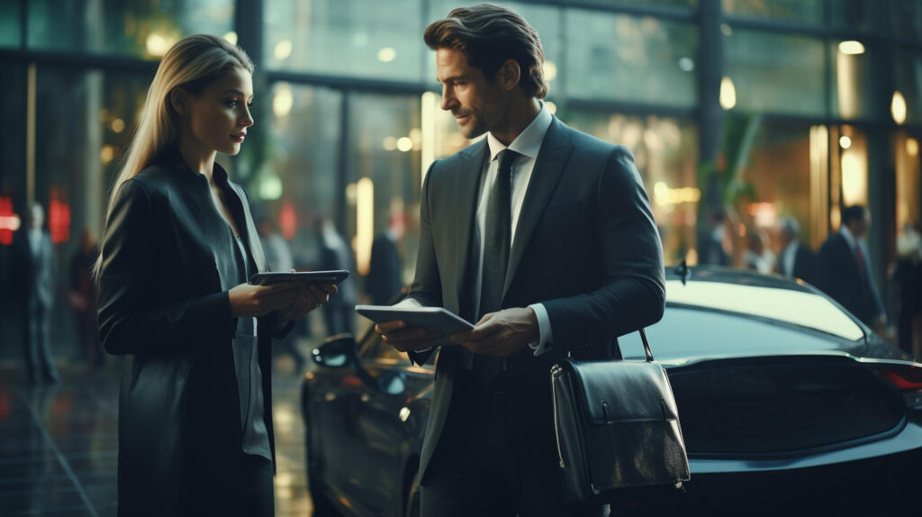 A man and woman in business attire standing next to each other.