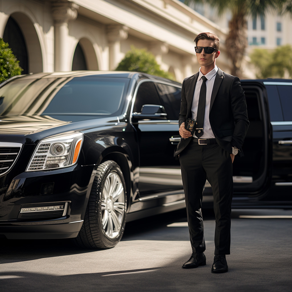 A man in suit and tie standing next to a black car.