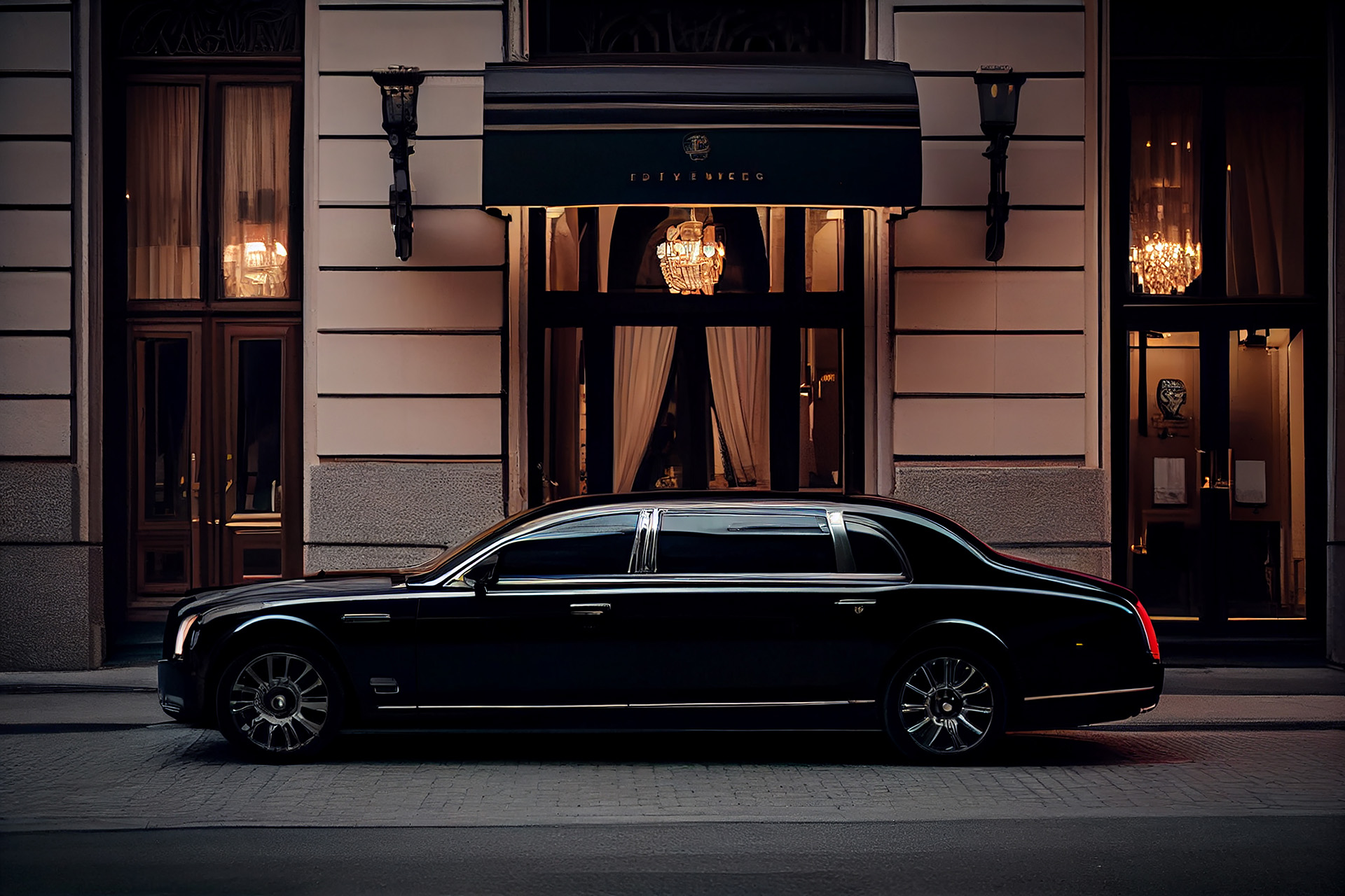 A black limo parked in front of a building.
